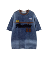 Appliqué Embroidered Denim Short-Sleeve T-Shirt