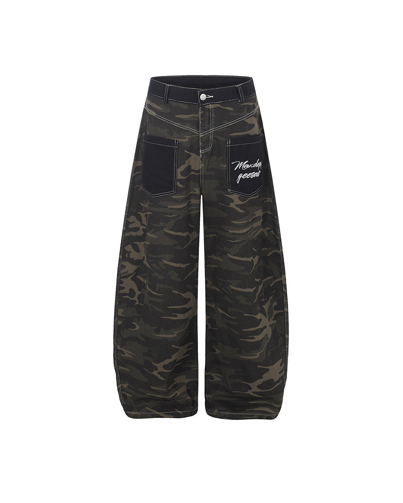 Distressed patchwork camouflage trousers