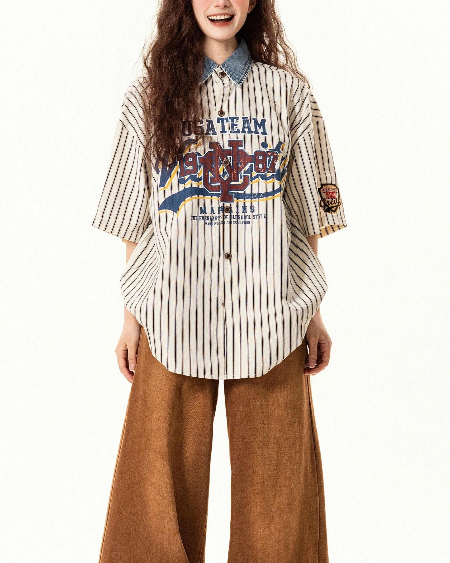 Lettering striped short-sleeved shirt