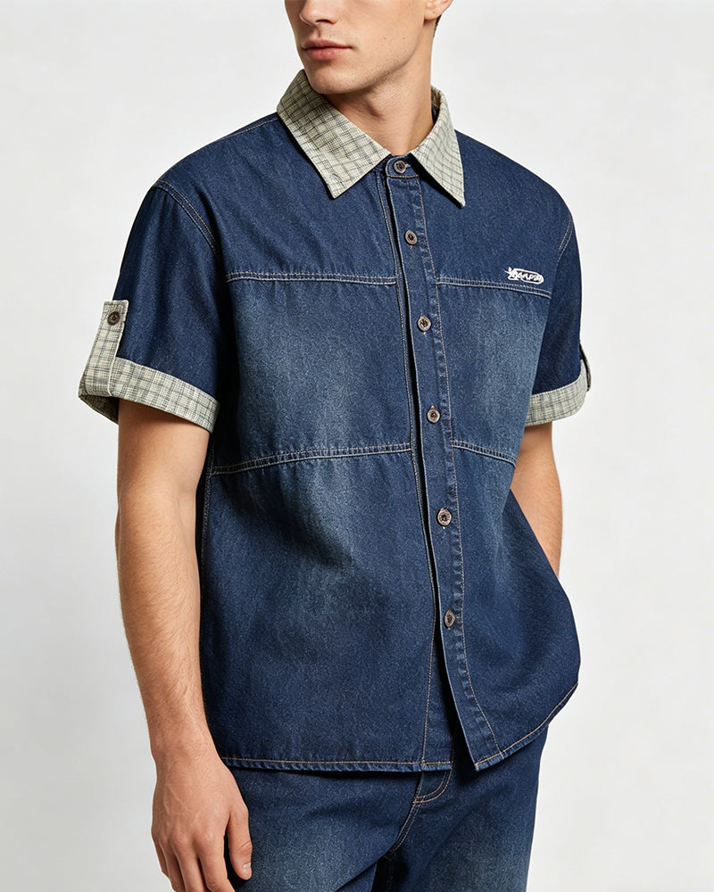 Colorblock Plaid Short Sleeve Shirt