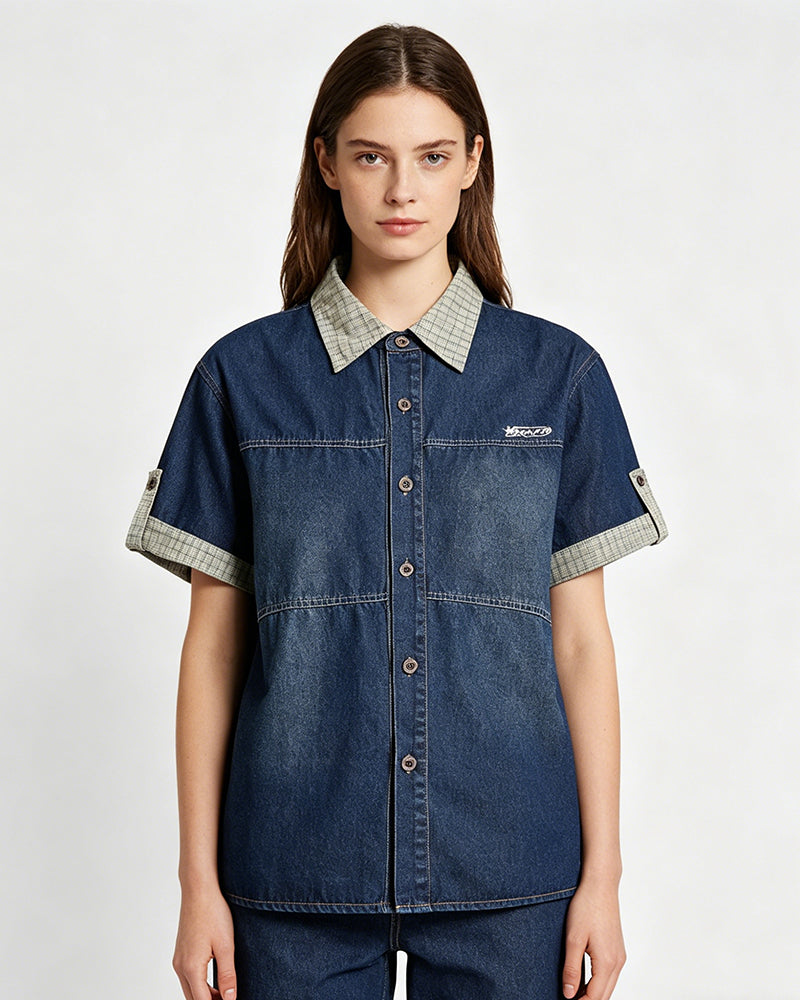 Colorblock Plaid Short Sleeve Shirt