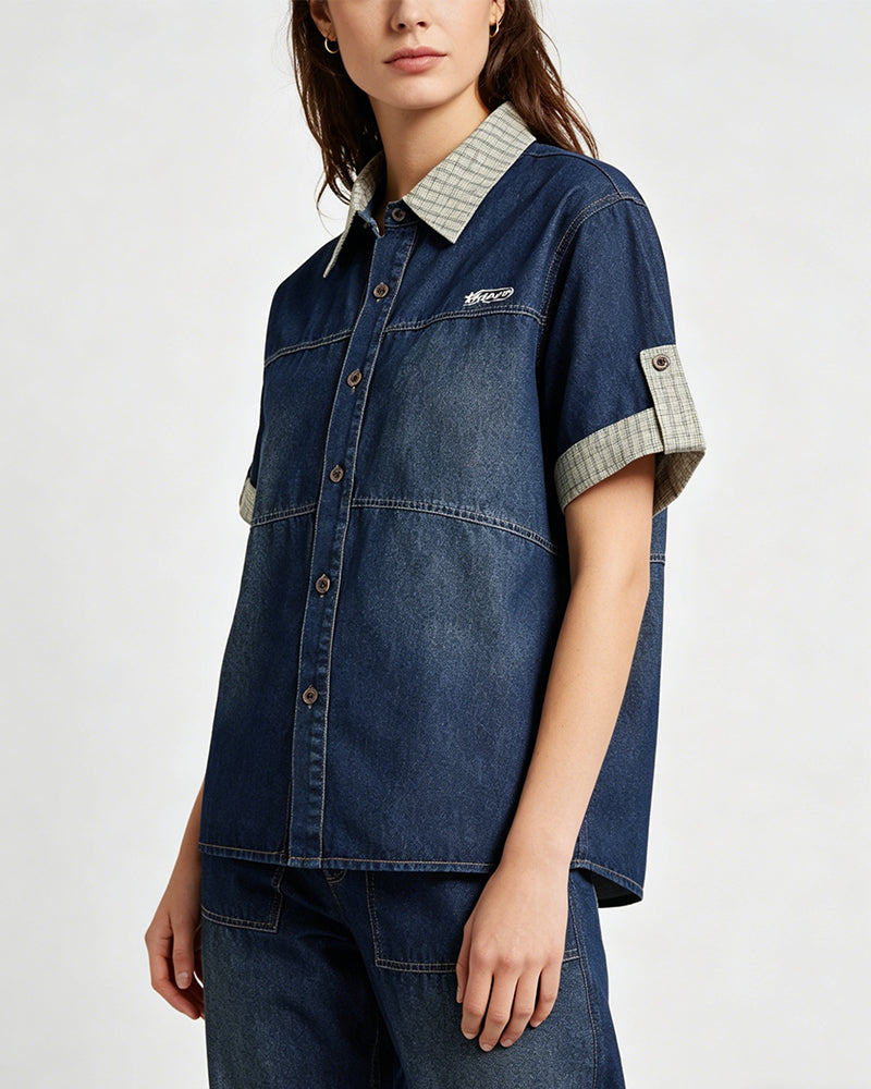 Colorblock Plaid Short Sleeve Shirt