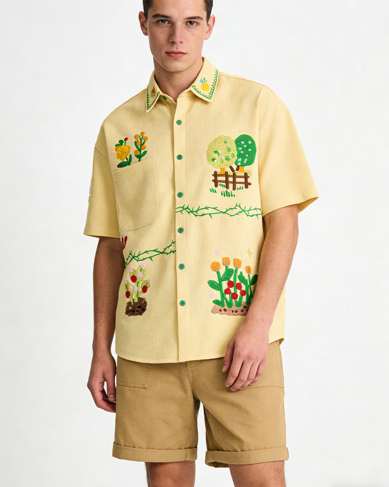 Plant embroidery short-sleeved shirt