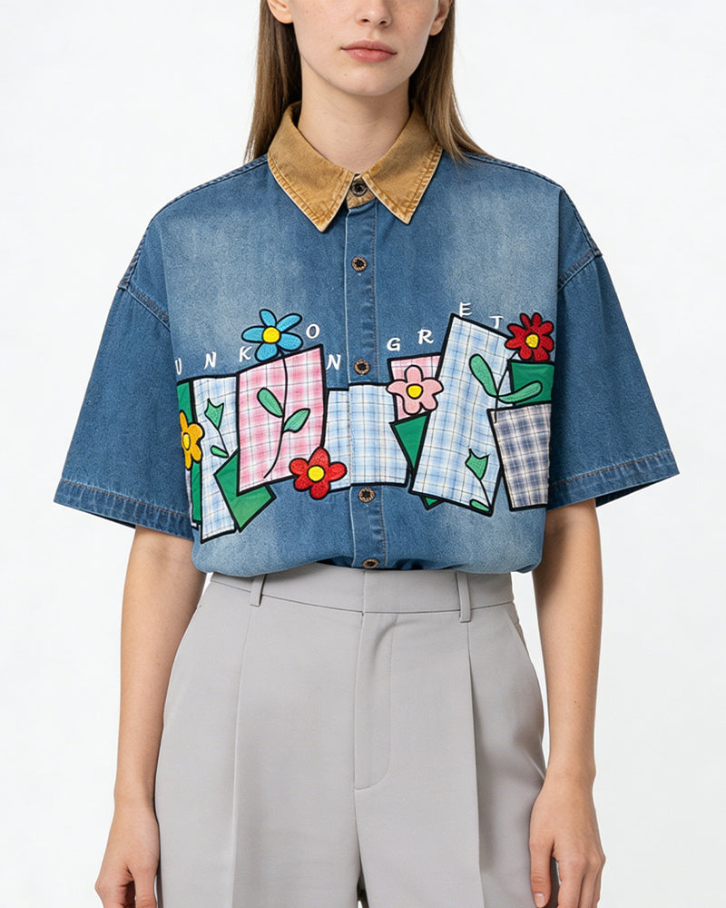 Floral appliqué short-sleeved shirt