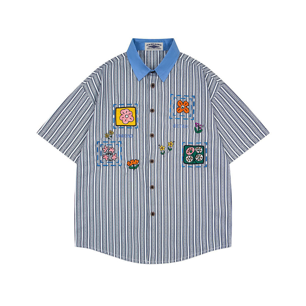 Color-blocked striped short-sleeved shirt