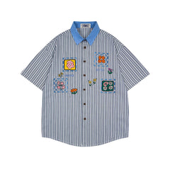 Color-blocked striped short-sleeved shirt