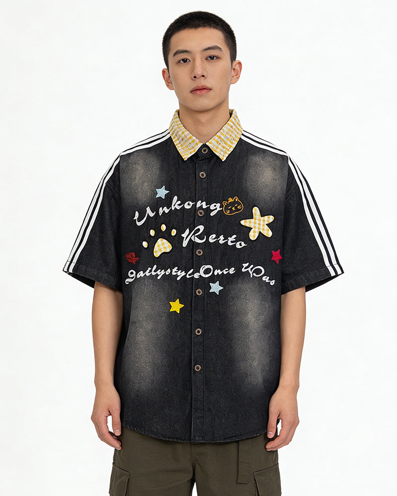 Distressed plaid short-sleeved shirt
