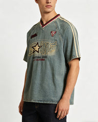Distressed denim short-sleeved shirt with appliqué