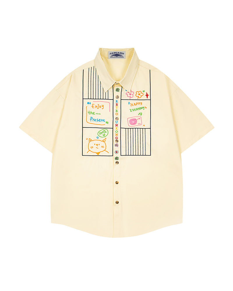 Cat Embroidered Short-Sleeve Shirt