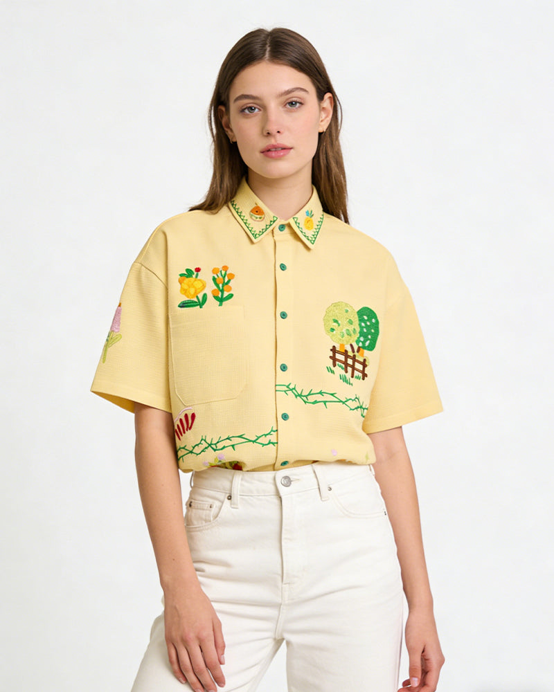 Plant embroidery short-sleeved shirt