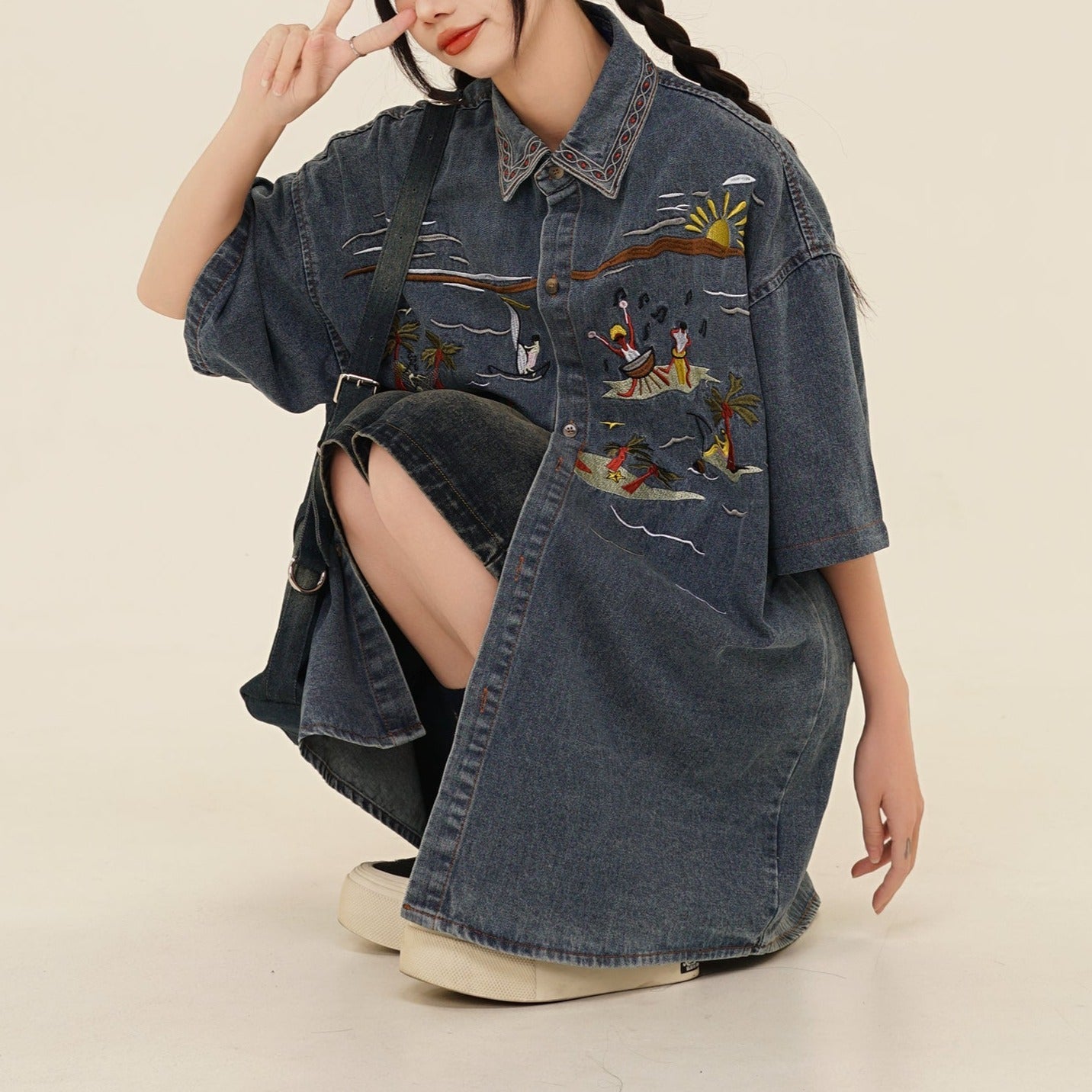 American vintage seaside embroidered denim shirt