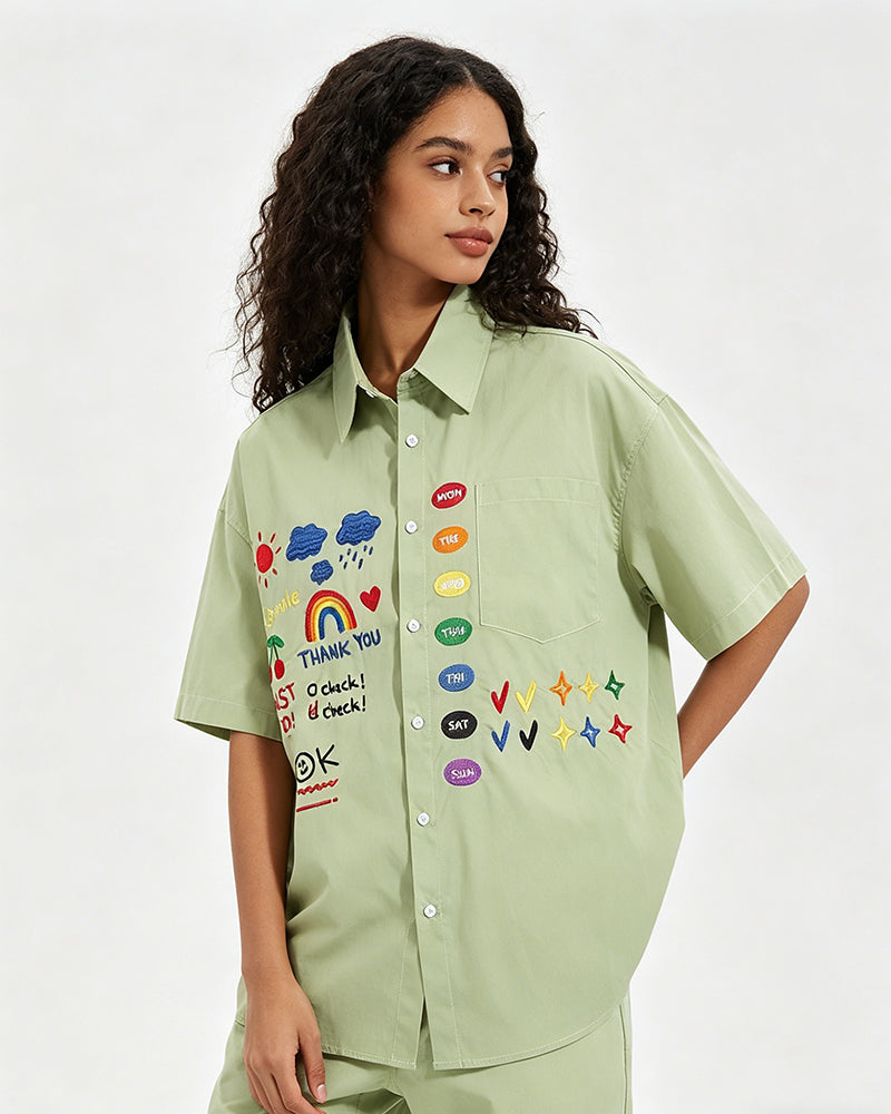 Retro fun cartoon embroidered shirt