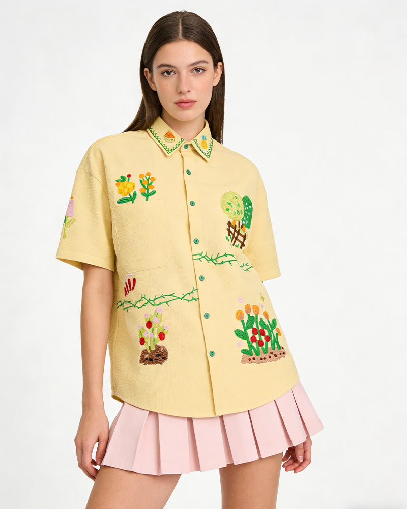 Plant embroidery short-sleeved shirt