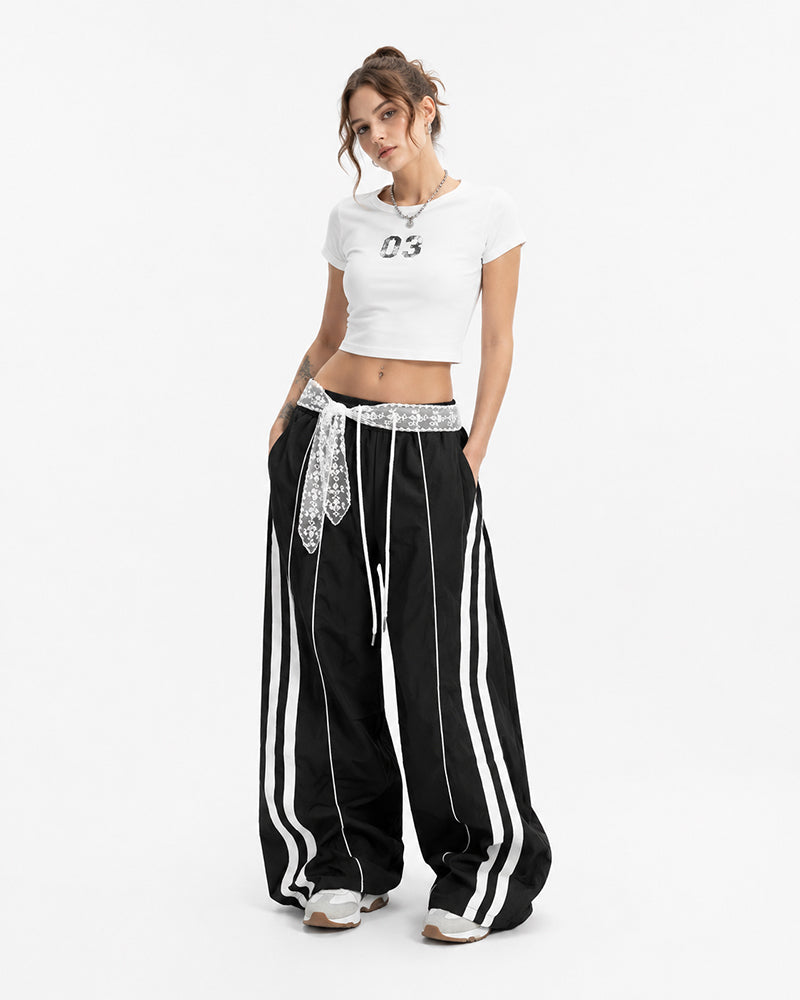 Lace color-blocked striped trousers