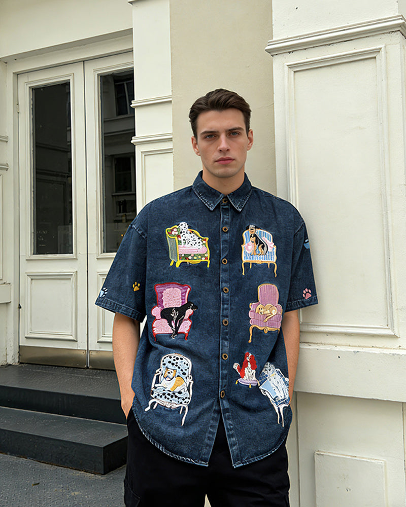 Dog Embroidered Denim Shirt