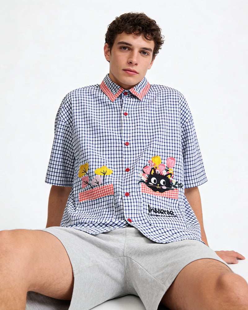 Plaid cat short-sleeved shirt