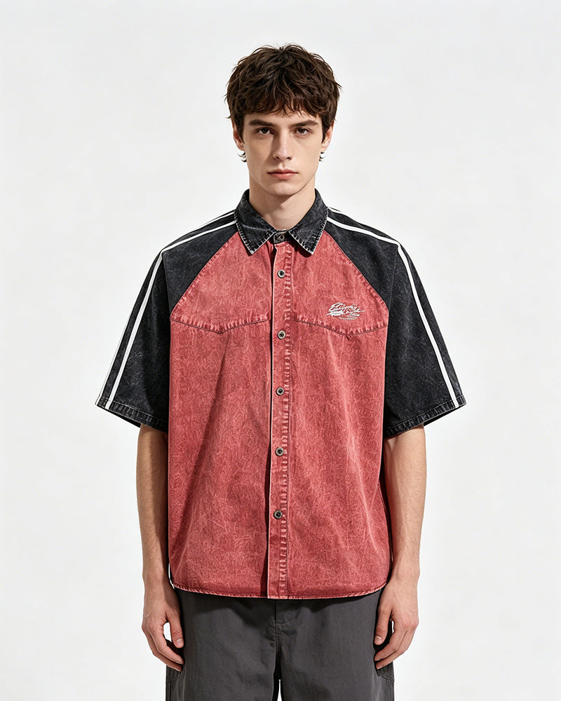 Distressed patchwork short-sleeved shirt