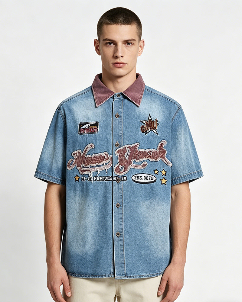 Retro color-blocked short-sleeved shirt