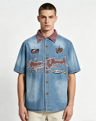 Retro color-blocked short-sleeved shirt