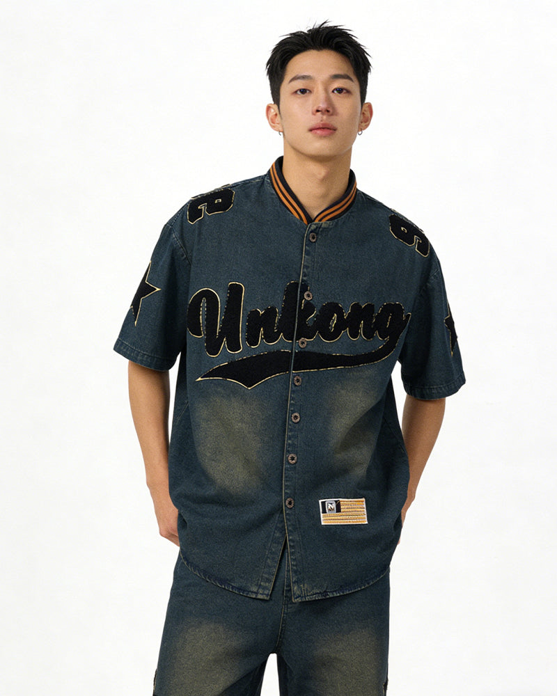 Distressed letter embroidered short-sleeved shirt