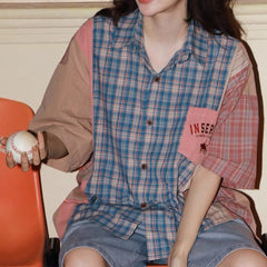American retro color block plaid shirt