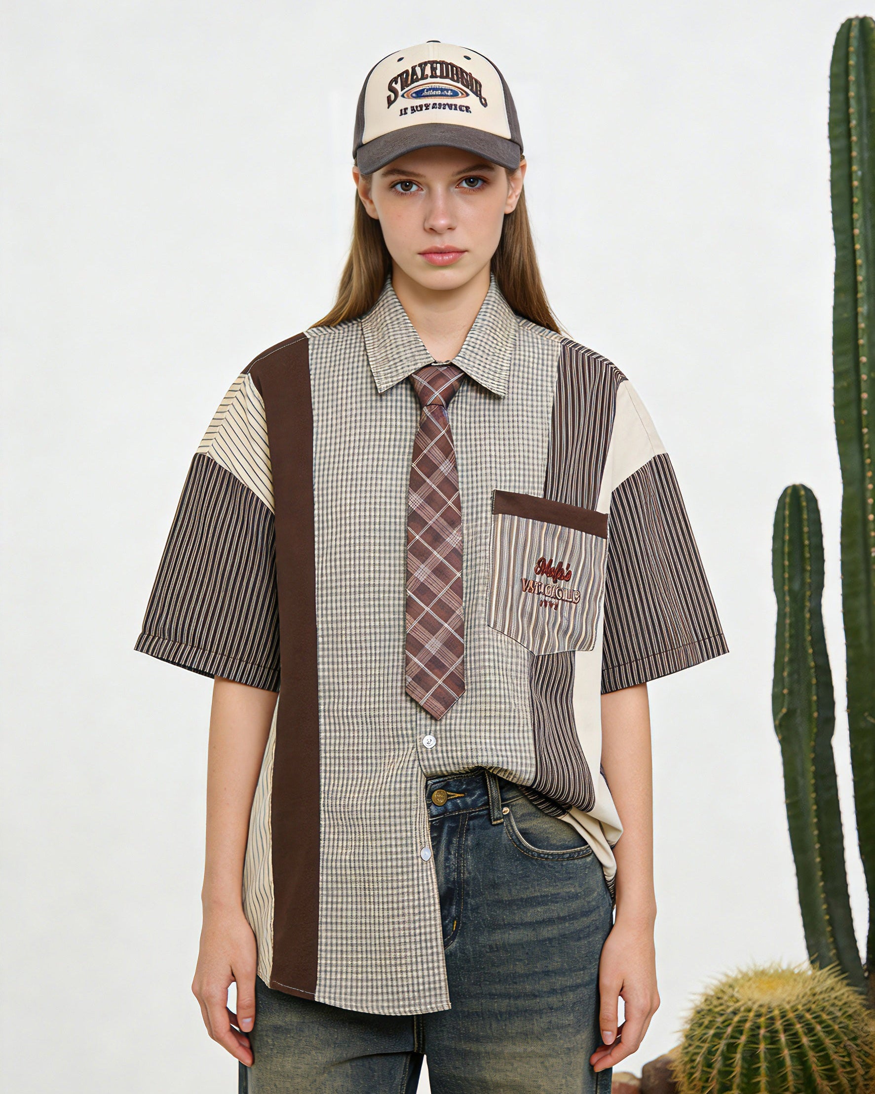 Retro colorblock short-sleeved shirt
