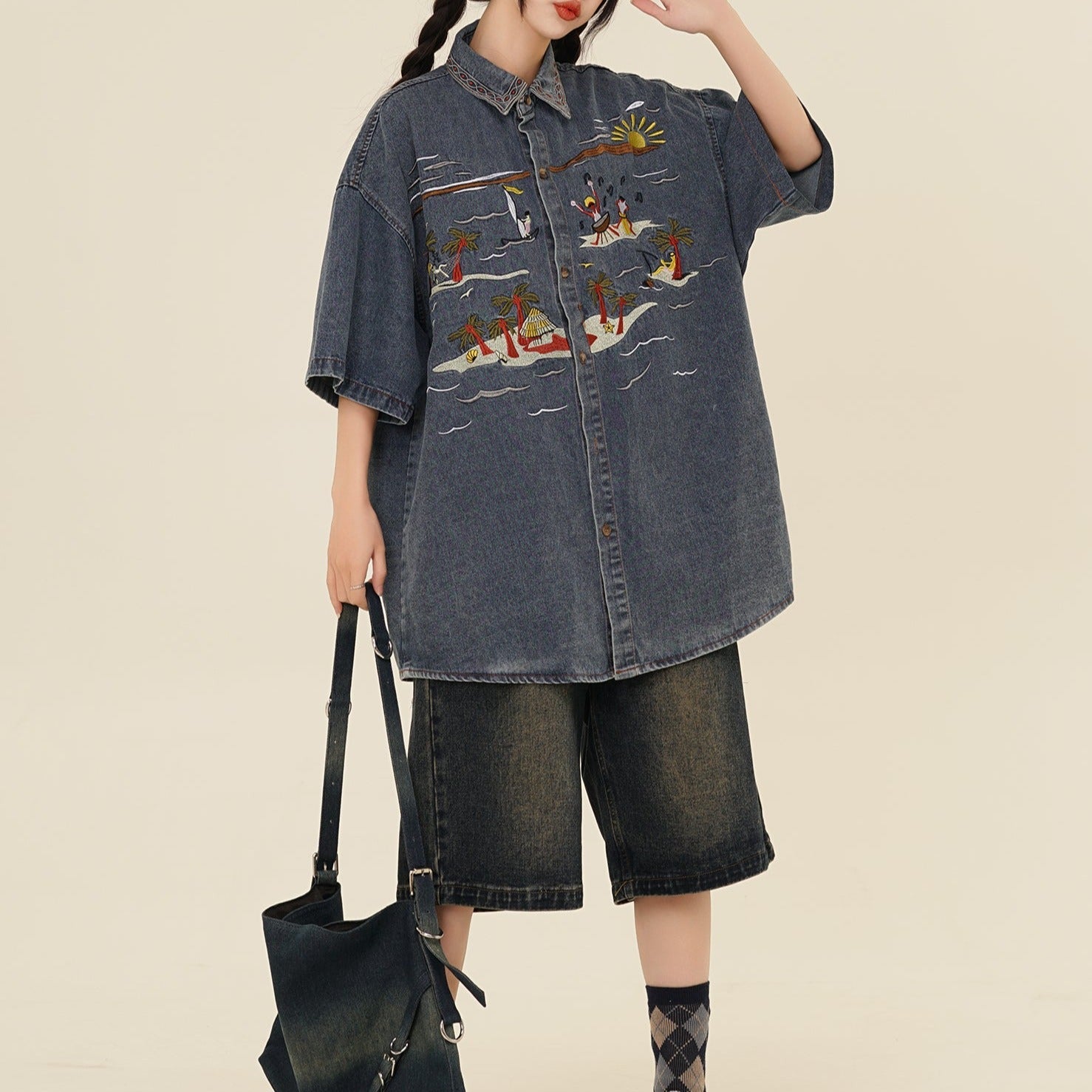 American vintage seaside embroidered denim shirt