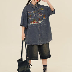 American vintage seaside embroidered denim shirt