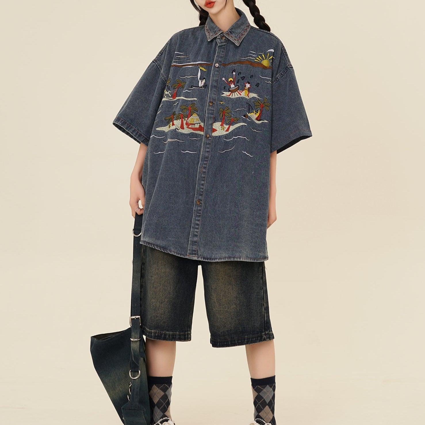 American vintage seaside embroidered denim shirt