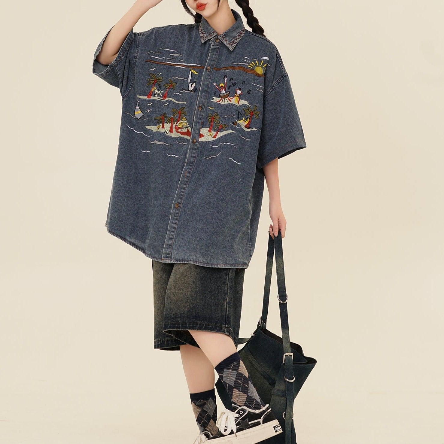 American vintage seaside embroidered denim shirt