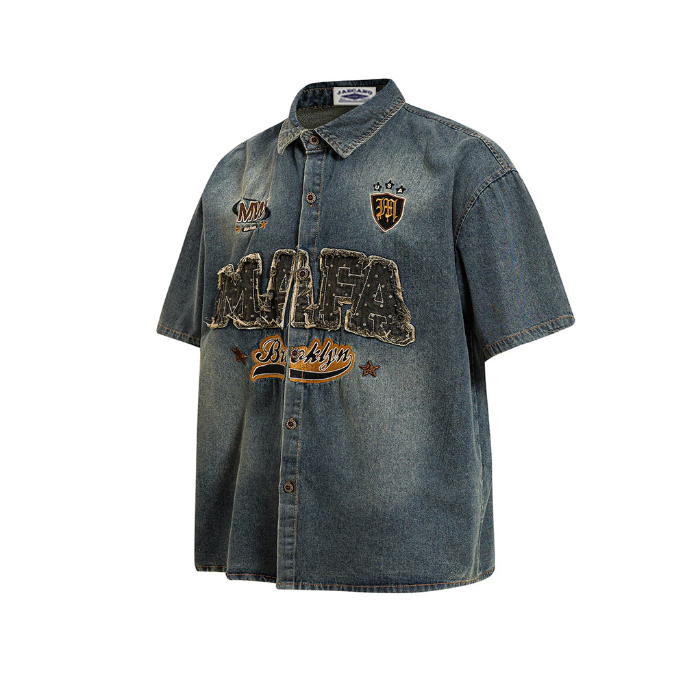 Distressed washed short-sleeved shirt