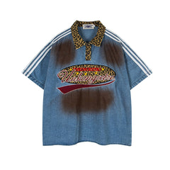 Distressed embroidered denim short-sleeved shirt