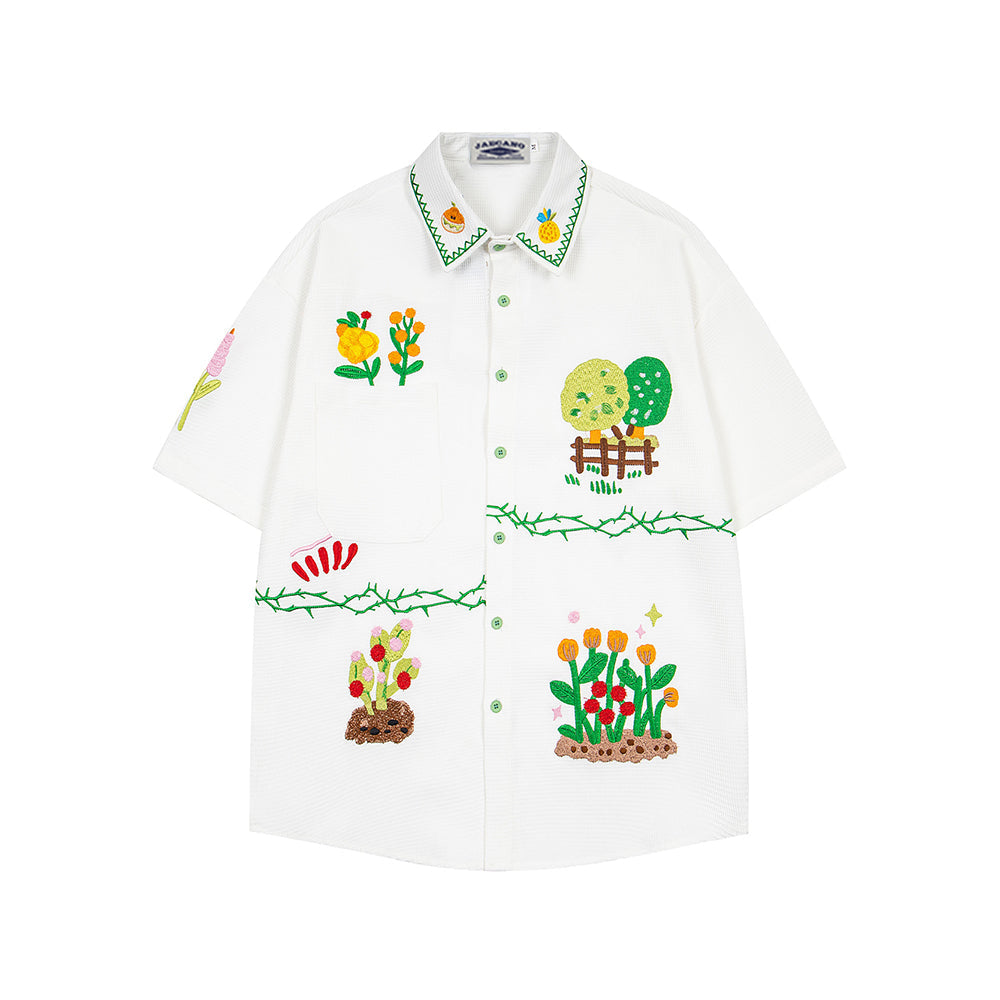 Plant embroidery short-sleeved shirt